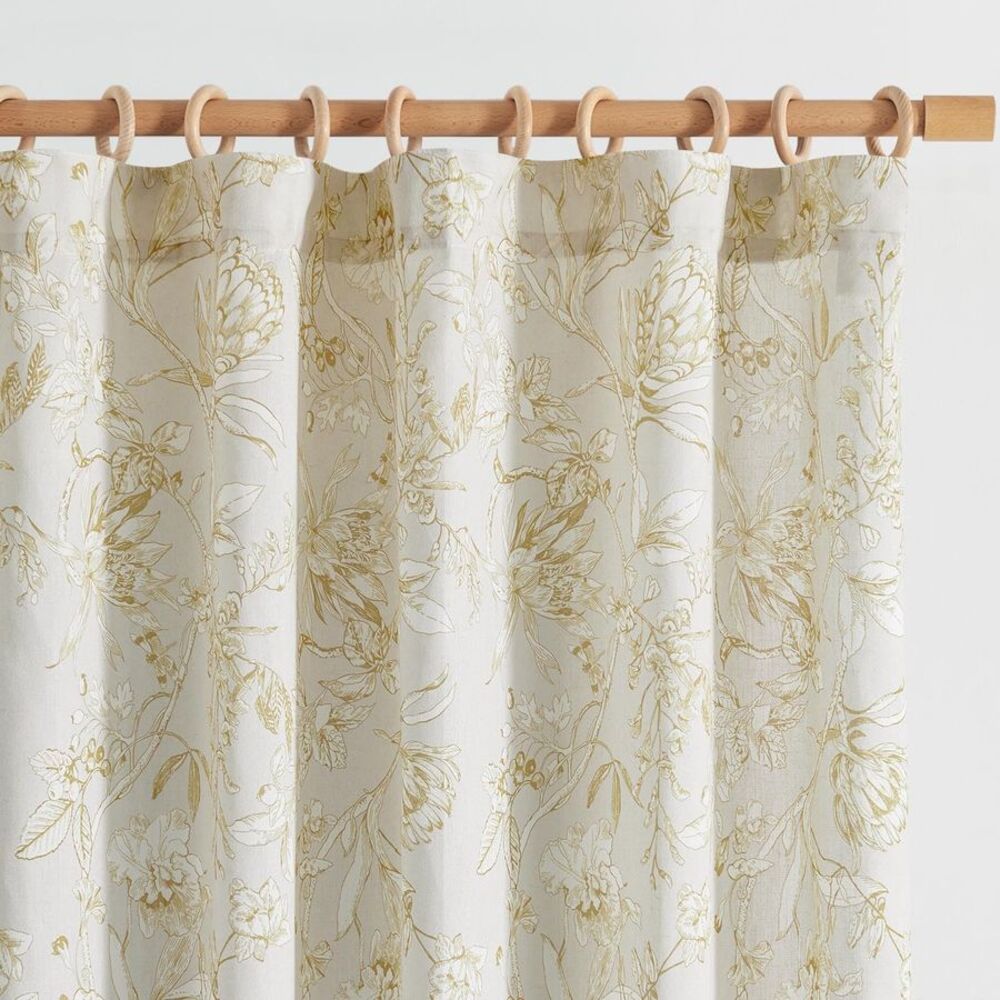 Floral Linen Blend Curtains  50 x 96” Farmhouse French Country Mustard Yellow